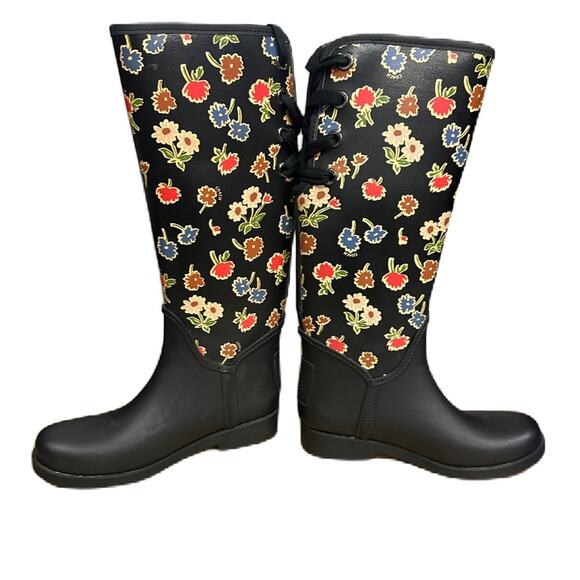 EUC Coach TRISTEE Black & Multicolor Floral Rainboots RARE‎ WOM US 7 / EU 37